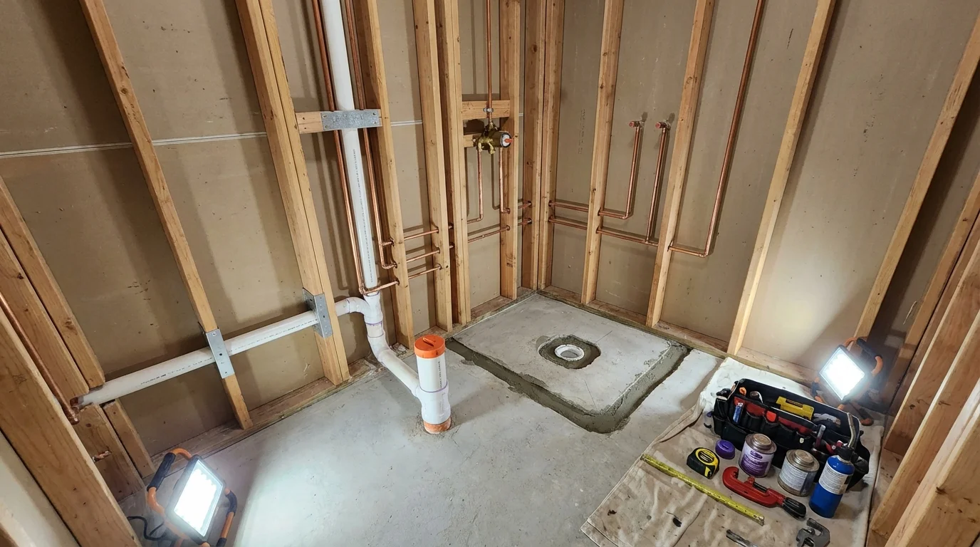 Bathroom rough-in plumbing during remodel by Johns Plumbing LLC in Yeagertown