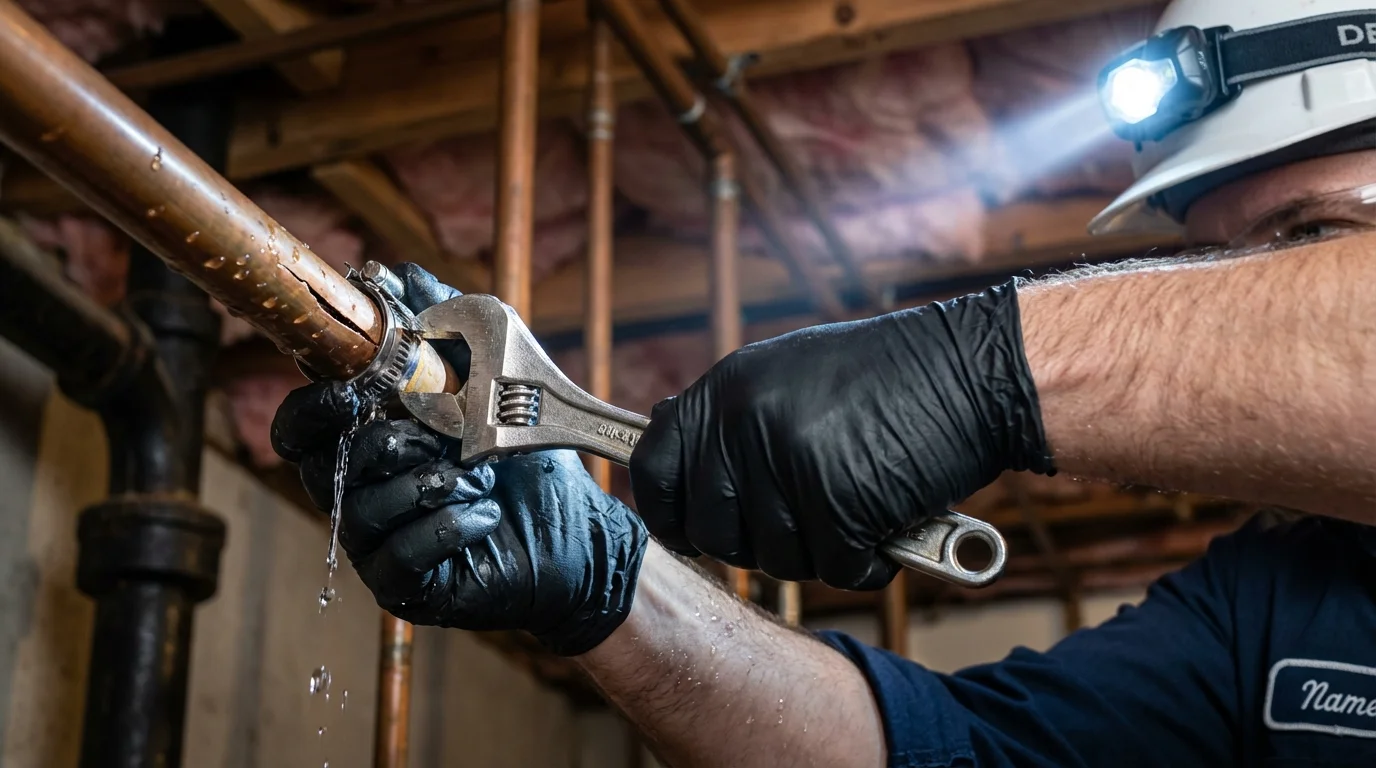 Emergency pipe clamp repair being performed by a Johns Plumbing LLC plumber in Yeagertown