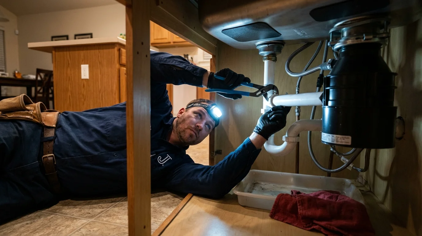 P-trap and supply line connections under a kitchen sink showing a common leak point in Yeagertown, PA